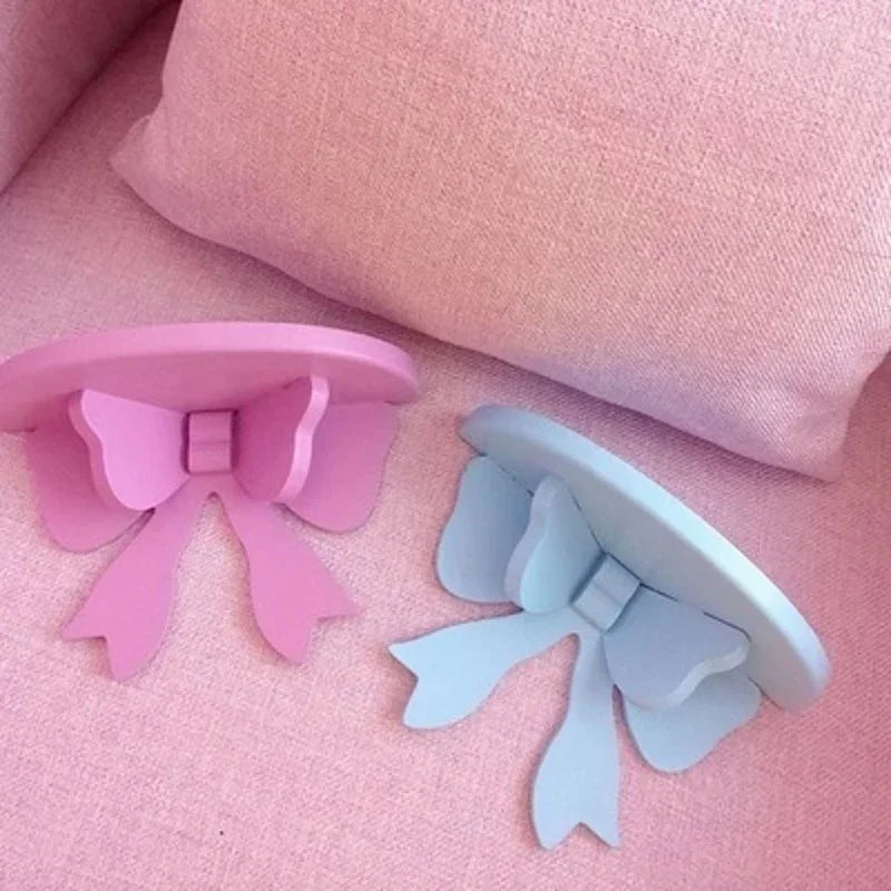 Pink Wooden Wall Shelf Bow Decor Frame Girls Room Storage Rack Home