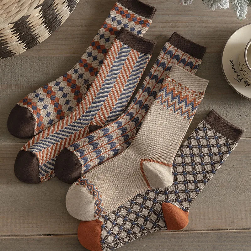 Autumn Winter Brown Mid Length Socks Fashion Grid Pattern Retro Fashion Mid Tube Sock Sweat Absorbing and Breathable Cotton Sock Peaceful Pleasures Health and Wellness