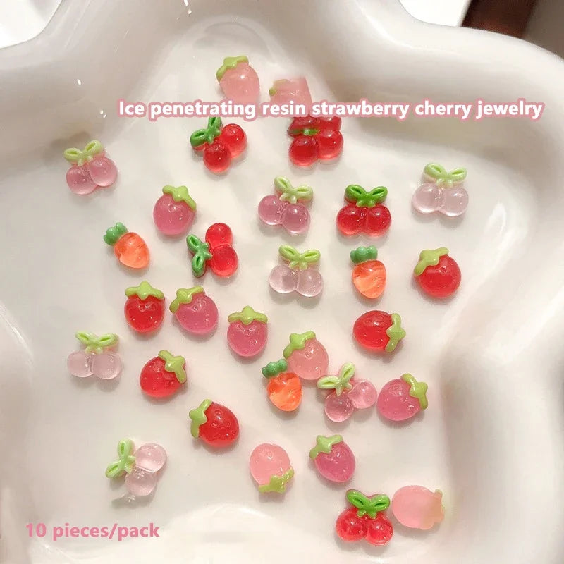 10pcs Resin Mini Cherry Strawberry Nail Art Flat Back Stone Figurines Scrapbook DIY Jewelry Decor Crafts Peaceful Pleasures Health and Wellness