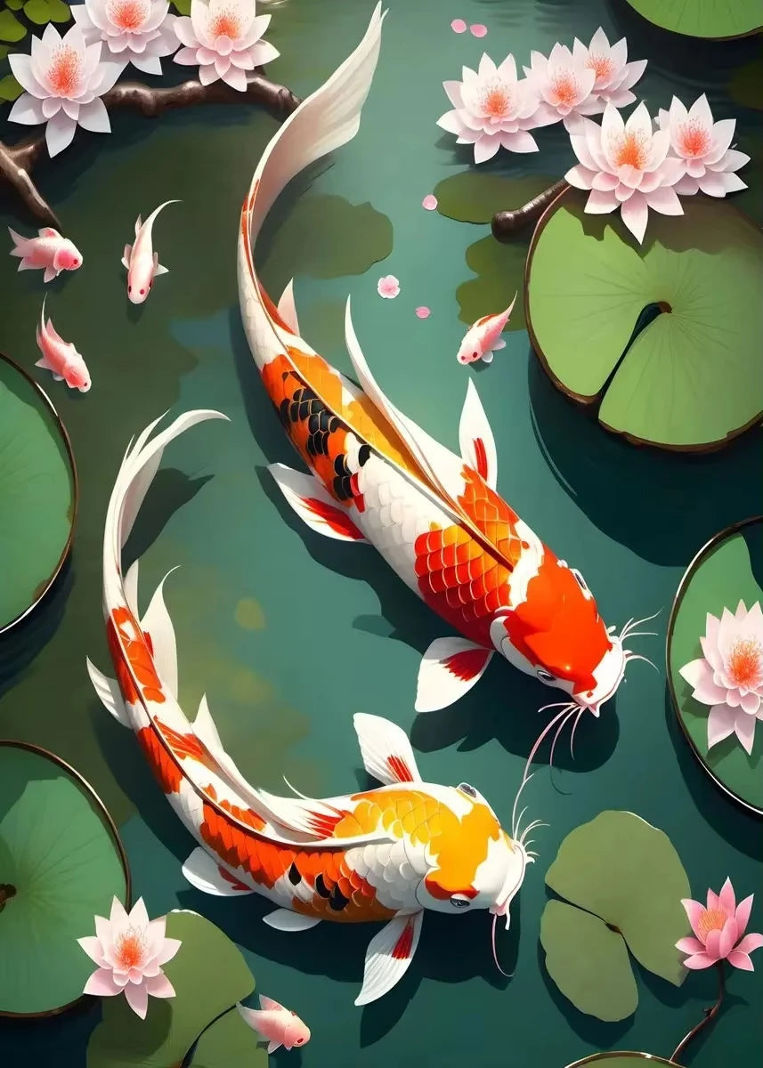 Red Koi Fish Lotus Canvas Wall Art | Good Luck Home Decor