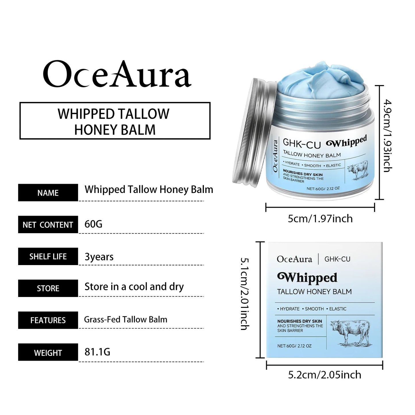 OceAura Tallow & Honey Whipped Body Cream | Deep Hydration 60g