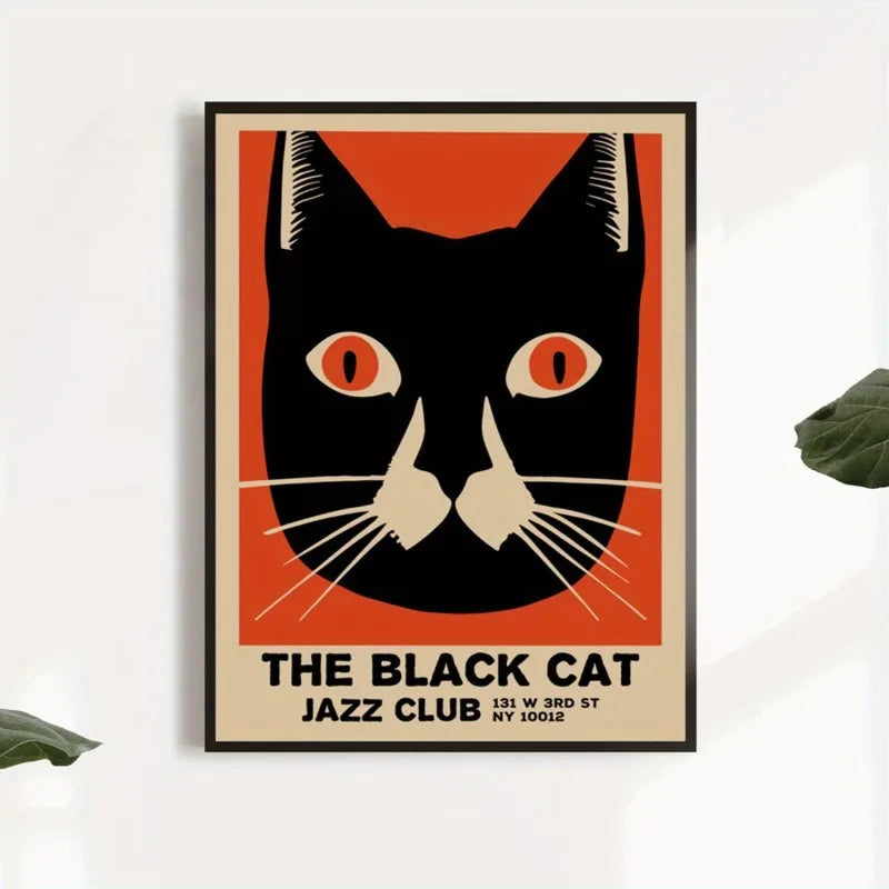 The Black Cat Jazz Club Canvas Art Print, Retro Art Deco Poster, Artwork for Home Decor, Frameless Animal Print Wall Art Peaceful Pleasures Health and Wellness