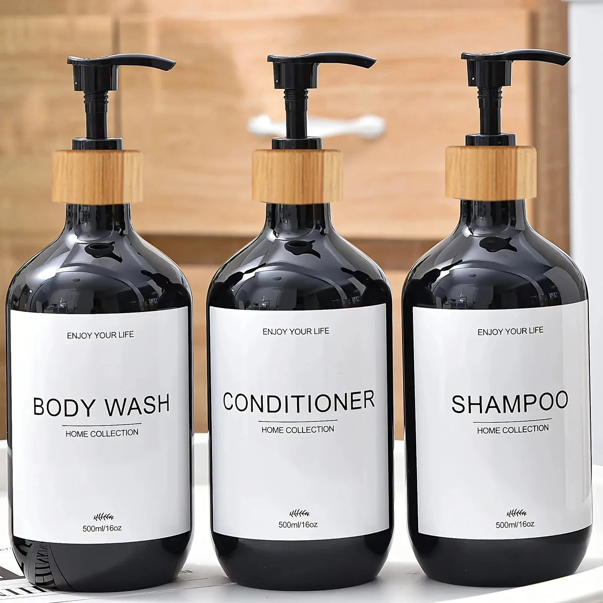 Bathroom Shampoo Dispenser Set 500ml Conditioner Body Wash Bottles Refillable Dispenser Farmhouse Decoration Storage Bottles Peaceful Pleasures Health and Wellness Black