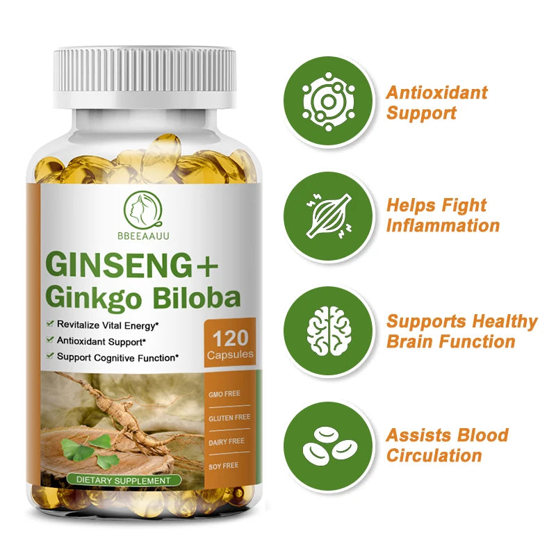 Ginseng Ginkgo & Ashwagandha Capsules – 120ct Peaceful Pleasures Health and Wellness