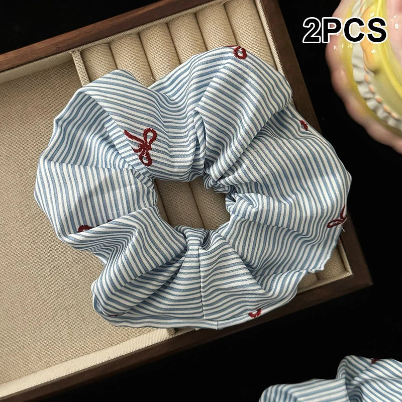 Korean Cherry Stripe Scrunchie Hair Ties – Set of 2 | K-Style