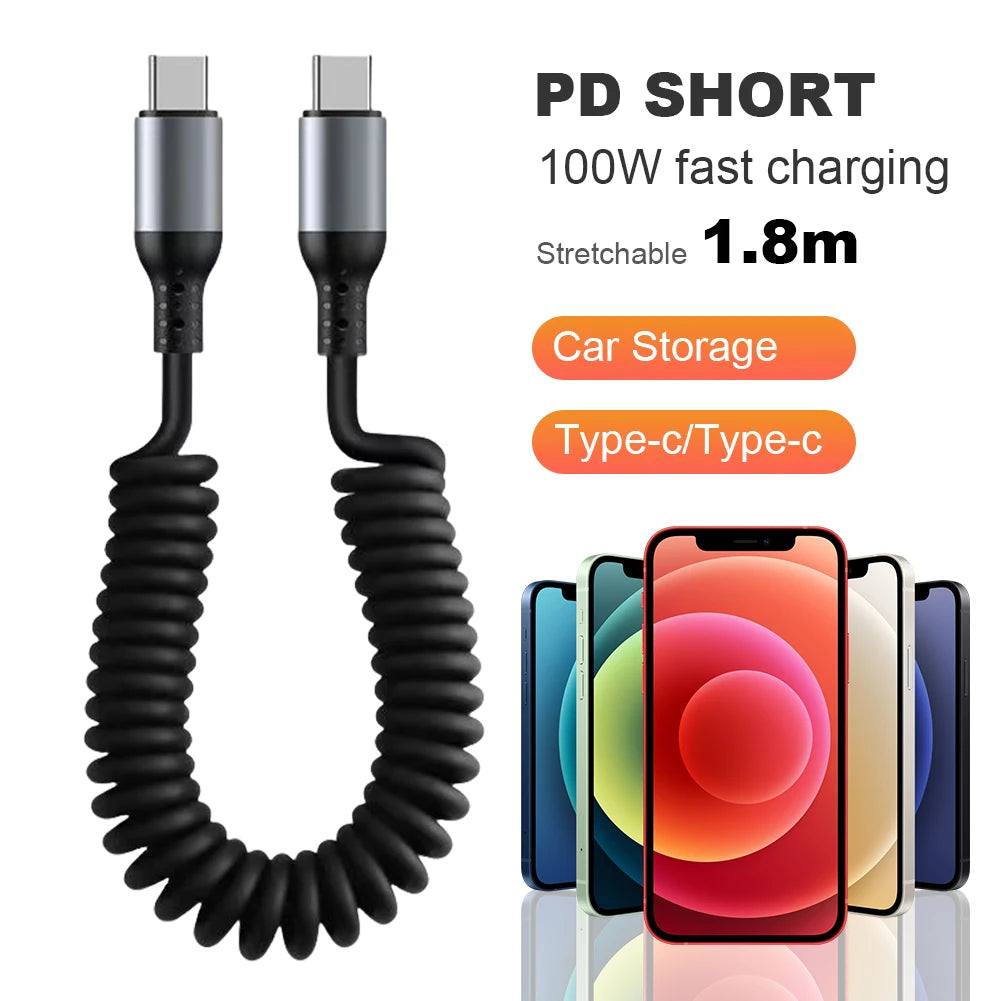 100W USB-C Coiled Fast Charging Cable – Retractable 6A Spring Peaceful Pleasures Health and Wellness