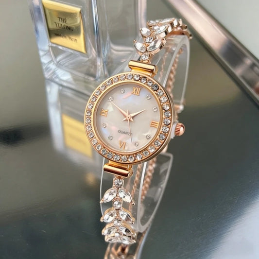 Mermaid Design Diamond Inlaid Bracelet Watch Women Adjustable Strap Quartz Wristwatch Faux Mother of Pearl Golden Ladies Watch Peaceful Pleasures Health and Wellness