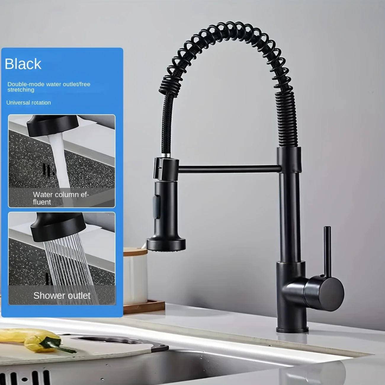 Black Rotating Spring Kitchen Faucet | Hot & Cold Single Handle