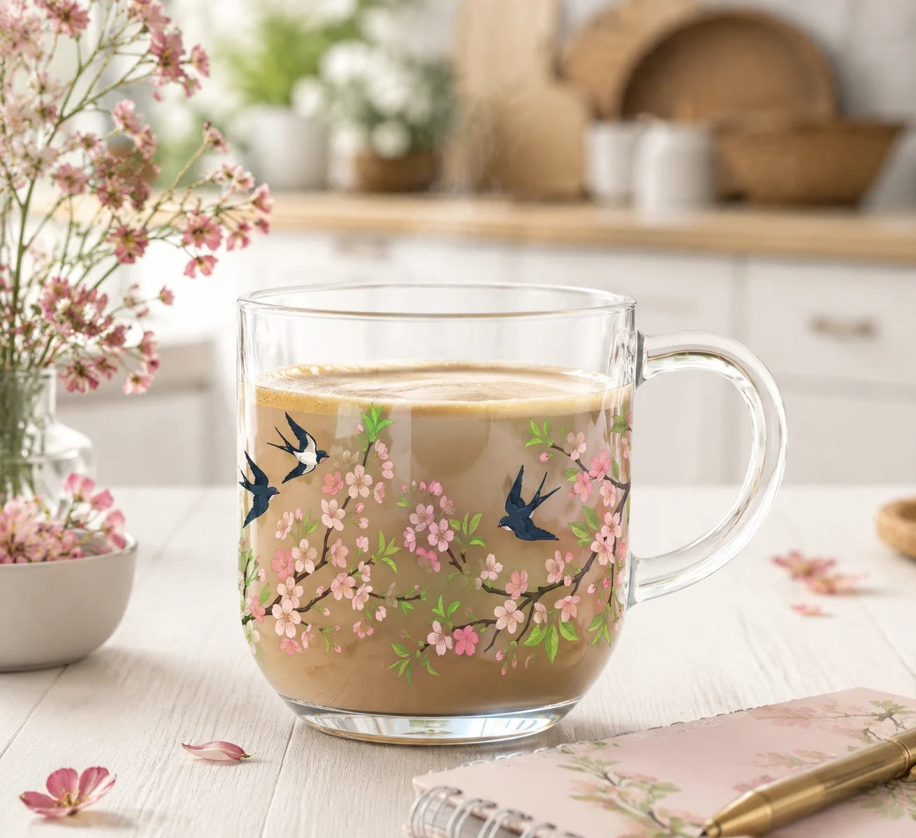 Cherry Blossom Bird UV Transfer Sticker | Floral Rub-On Decal
