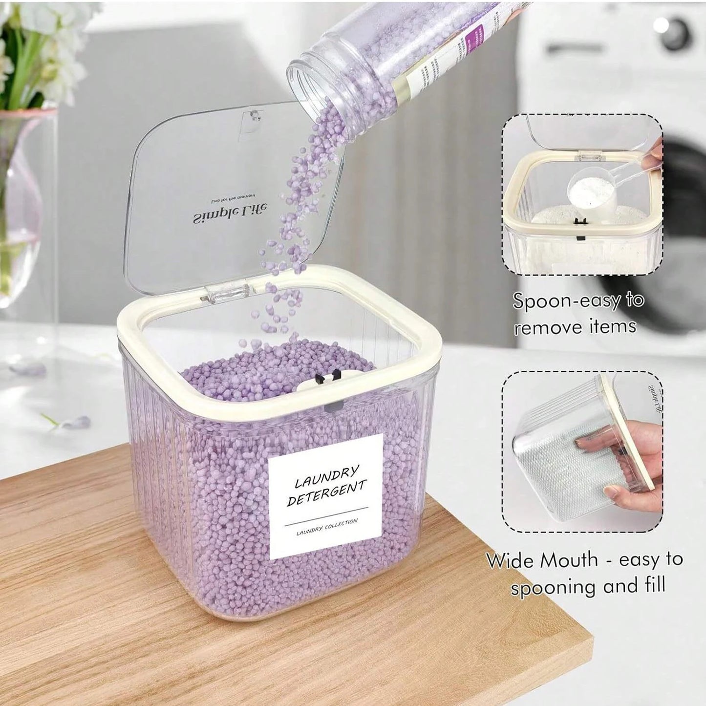Laundry Pods Container with Pop-Up Lid – Clear Storage Organizer with Labels for Laundry Room