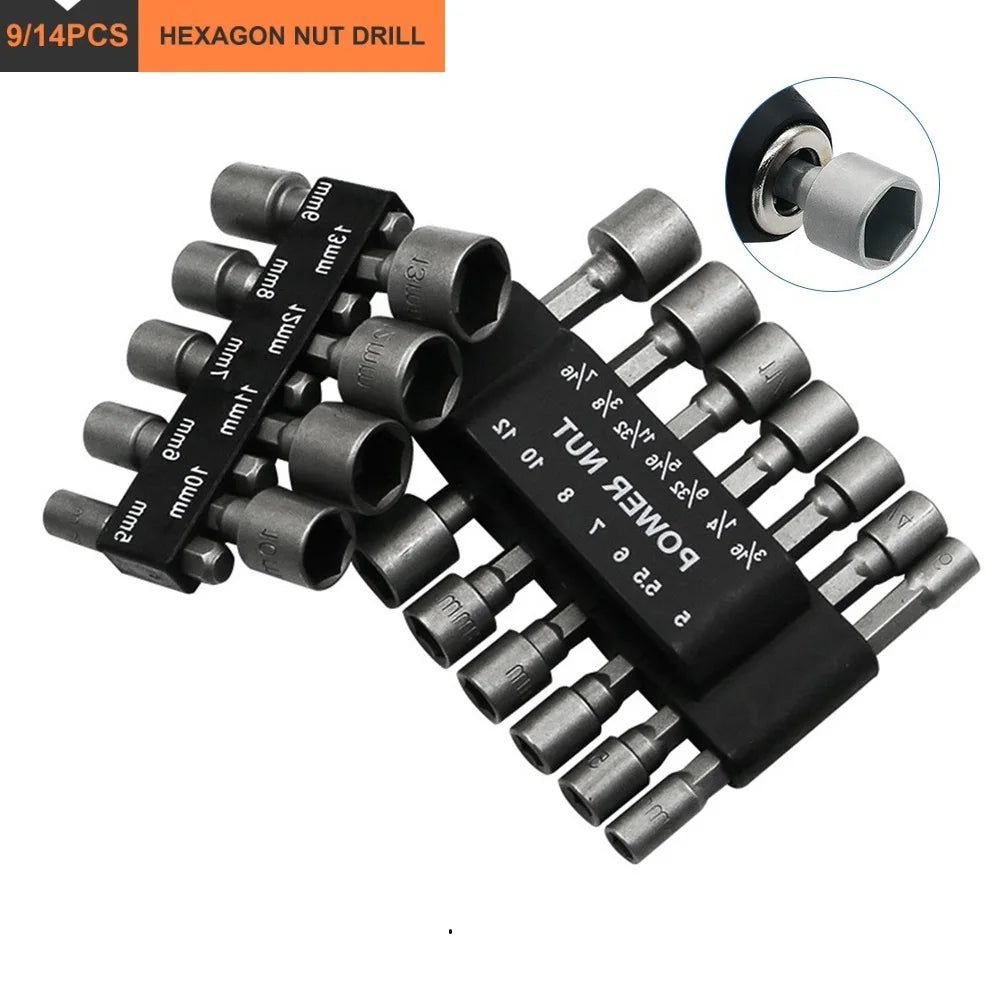 Hex Nut Driver Bit Set 9 or 14 Pc – 5–13mm 1/4" Hex Shank Peaceful Pleasures Health and Wellness