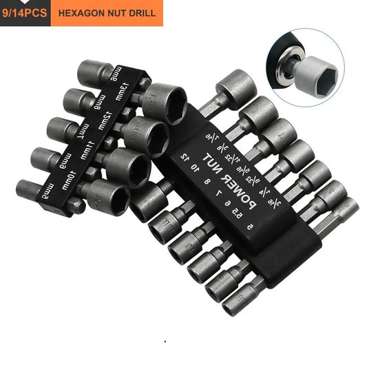 Hex Nut Driver Bit Set 9 or 14 Pc – 5–13mm 1/4" Hex Shank Peaceful Pleasures Health and Wellness