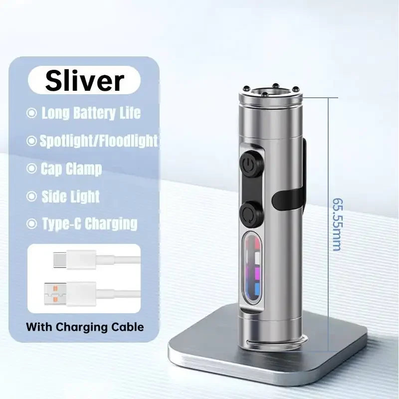 Mini USB-C Rechargeable Tactical Flashlight with Hat Clip Tactical Flashlight Peaceful Pleasures Health and Wellness Silver Australia