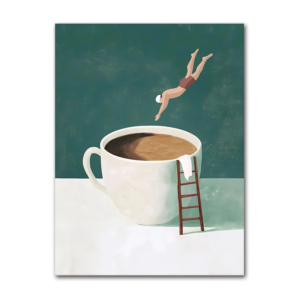 Good Morning Coffee Diver Poster Retro Funny Minimalist Food Espresso Lover Canvas Painting Wall Art Home Room Decor Peaceful Pleasures Health and Wellness 61731-01 50x70cm Unframed