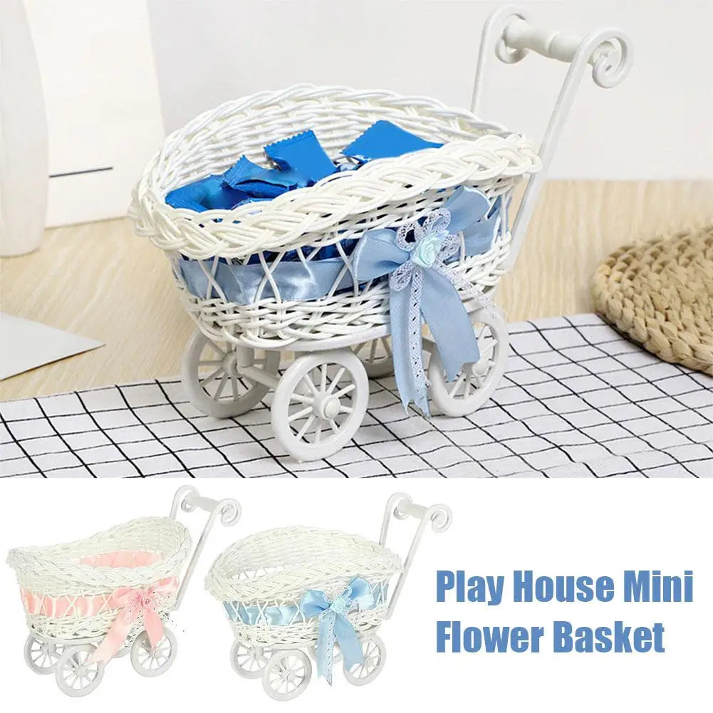 Doll Small Flower Basket Trolley Toys Cart Stroller Woven Decorations