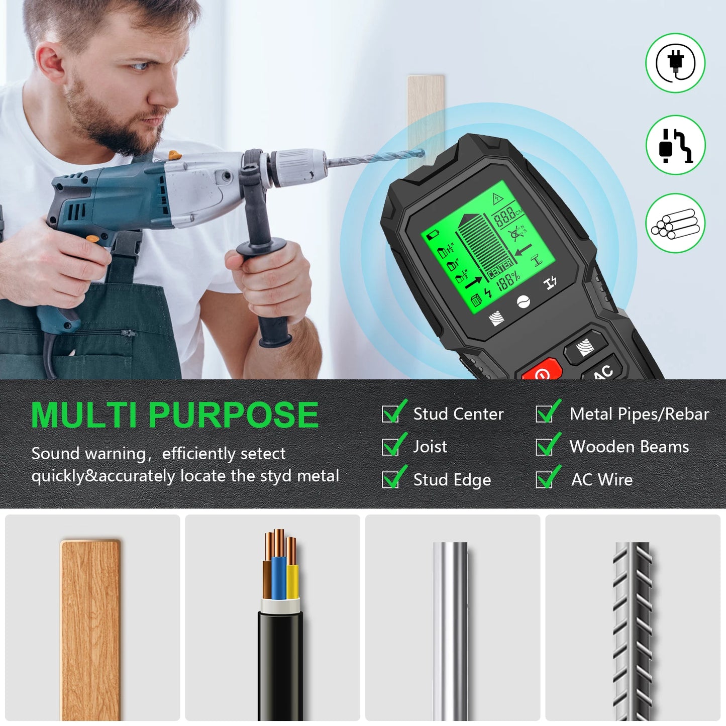 HW-QB6 Wall Stud Finder Sensor Wall Scanner 5 in 1 LCD Electronic Detector Edge Center Wood Current Metal AC Live Wire Detection Peaceful Pleasures Health and Wellness