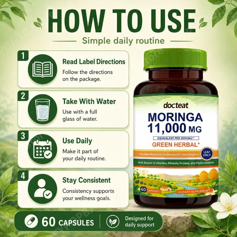 Moringa 11000mg Leaf Capsules | Green Herbal Daily Support 60ct