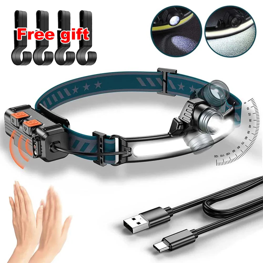 IR Sensor LED Headlamp XPG+COB USB Rechargeable Waterproof 2000mAh