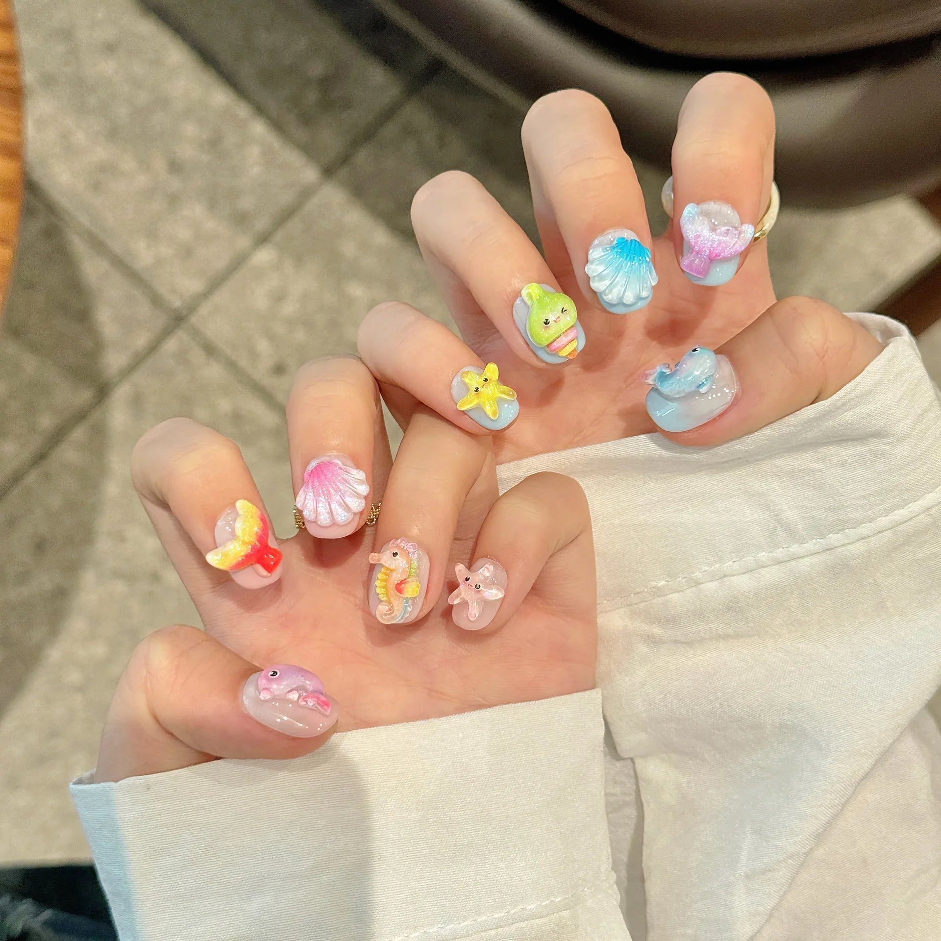 Handmade Press on Nails Ocean Seahorses Starfish Whales Fake Nails for Women Girl Wearable Cartoon Cute Shiny Short False Nails Peaceful Pleasures Health and Wellness