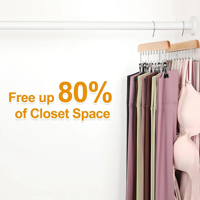 Bamboo Legging Hanger Organizer with 10 Clips – Space-Saving Closet Hanger for Pants & Scarves