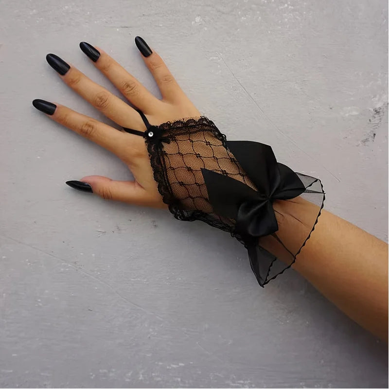 A pair of blackY2KPunk style fingerless gloves，With bowknot and lace details - Non-elastic Texture Design，Suitable for women's d Peaceful Pleasures Health and Wellness black