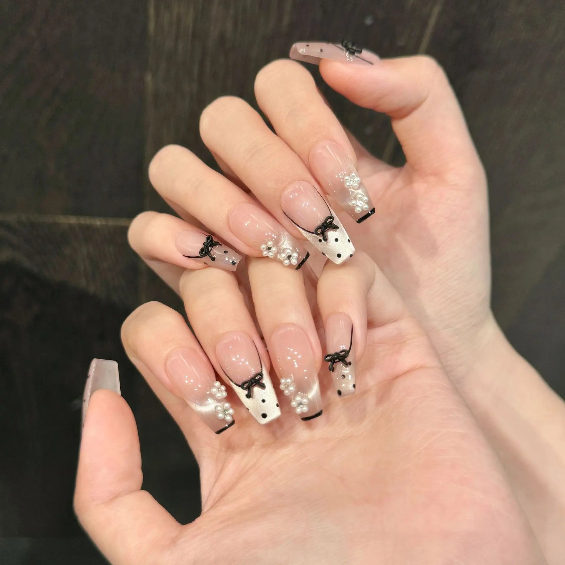 10pcs Handmade Press on Nails Black Bow Design Fake Nails Wearable Full Cover Shiny Nude Pink Cat Eye French Fake Nail Tips Peaceful Pleasures Health and Wellness L