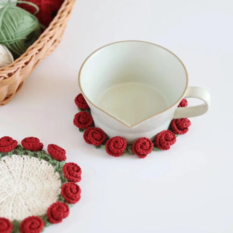 Hand Crochet Rose Flower Coasters | Heat Resistant Wool Mat Set