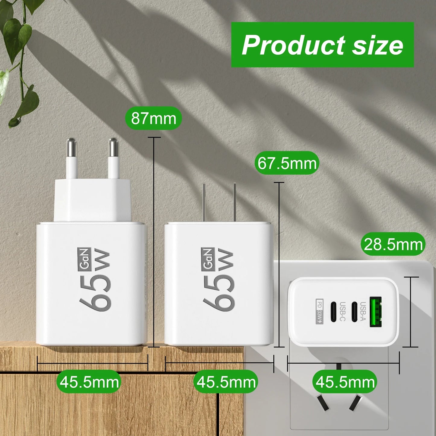 65W GaN USB-C Wall Charger – 3-Port PD & Quick Charge 3.0