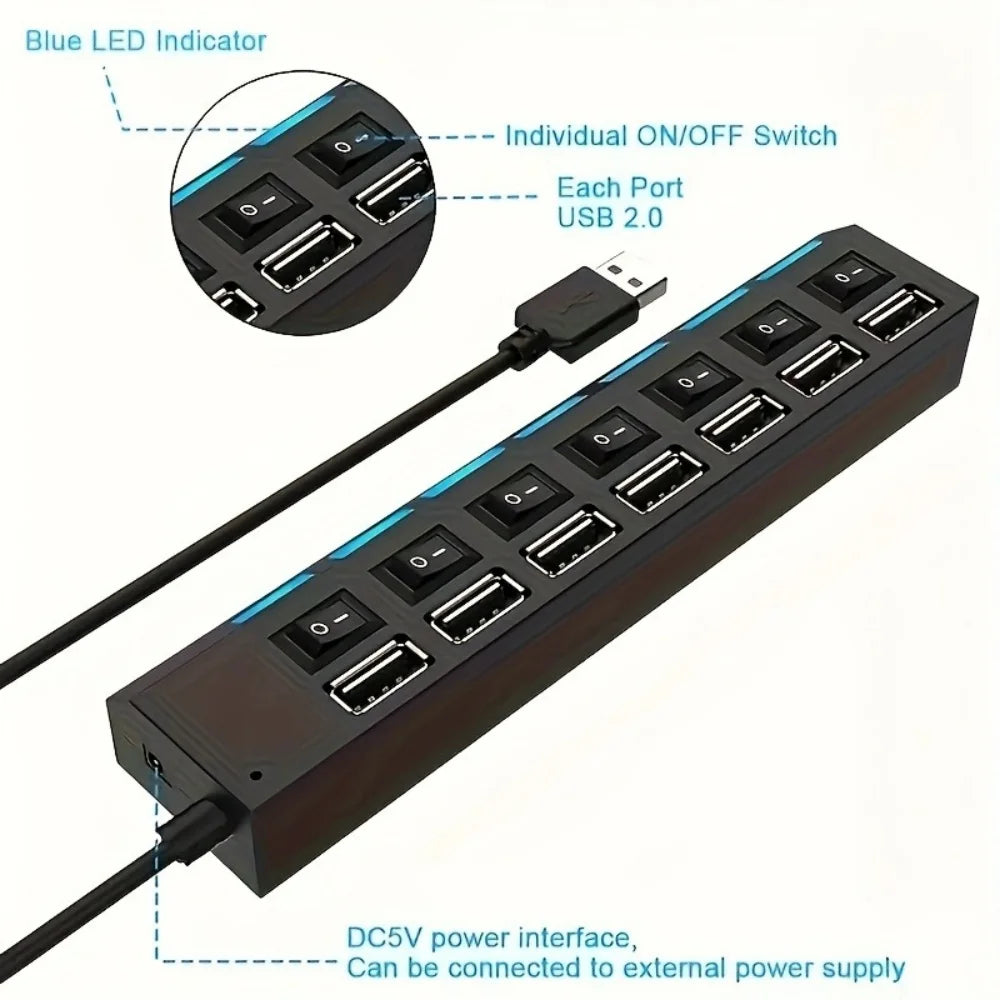 4/7 Port USB 2.0 Hub Splitter with LED Switch | PC & Laptop