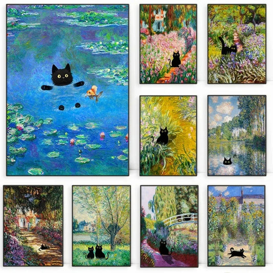 Monet Black Cat Lotus Pond Canvas Print | Wall Art Decor Canvas Wall Art Print Peaceful Pleasures Health and Wellness