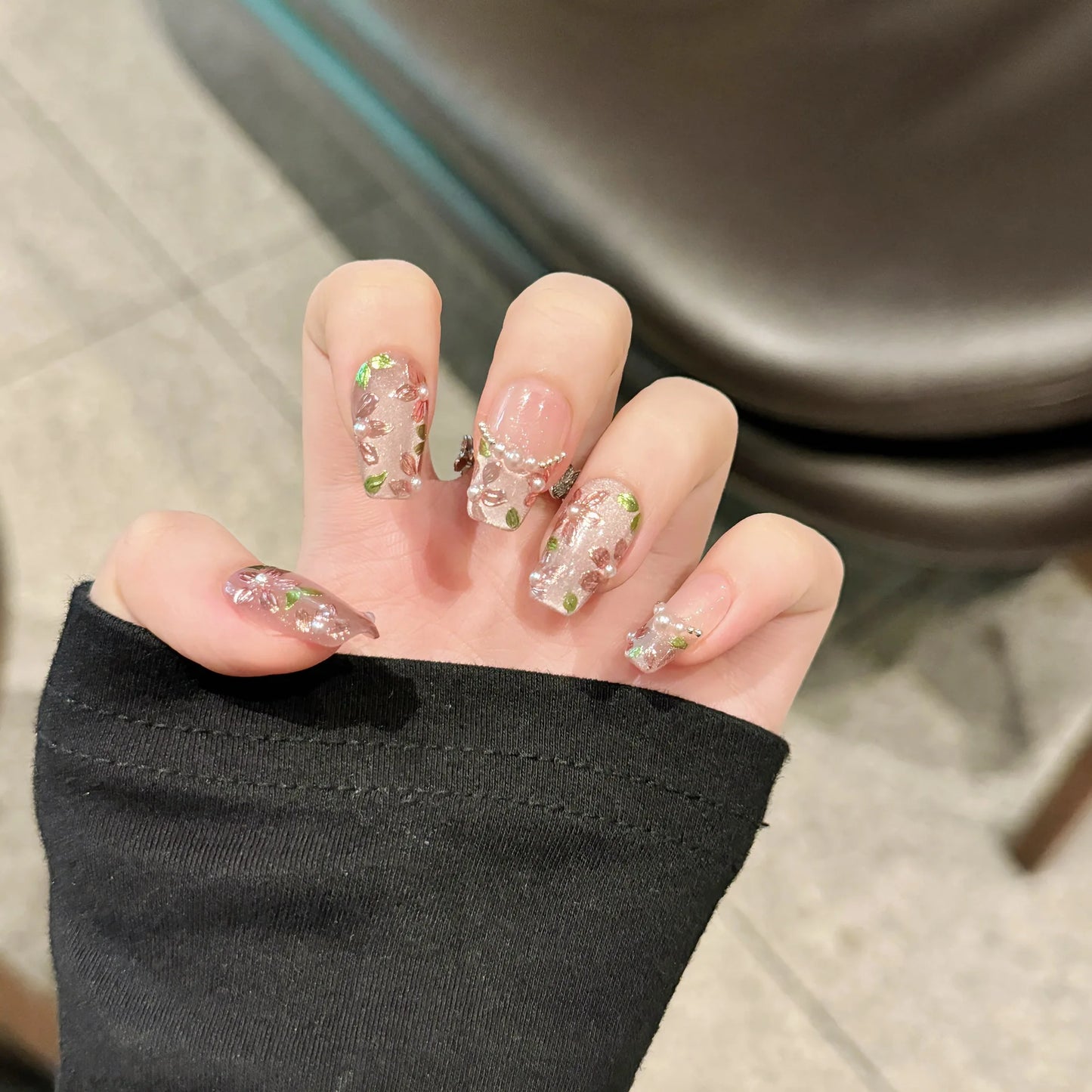 Handmade Cat Eye Press On Nails | Pearl Flower Korean Design