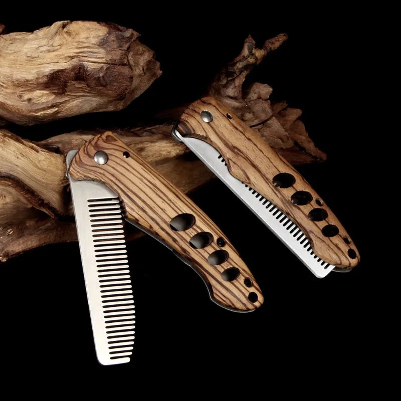 Solid Wood & Metal Folding Beard Comb for Men, Portable Pompadour Styling Grooming Kit, Barber-Grade Travel Hair Mustache Comb Peaceful Pleasures Health and Wellness