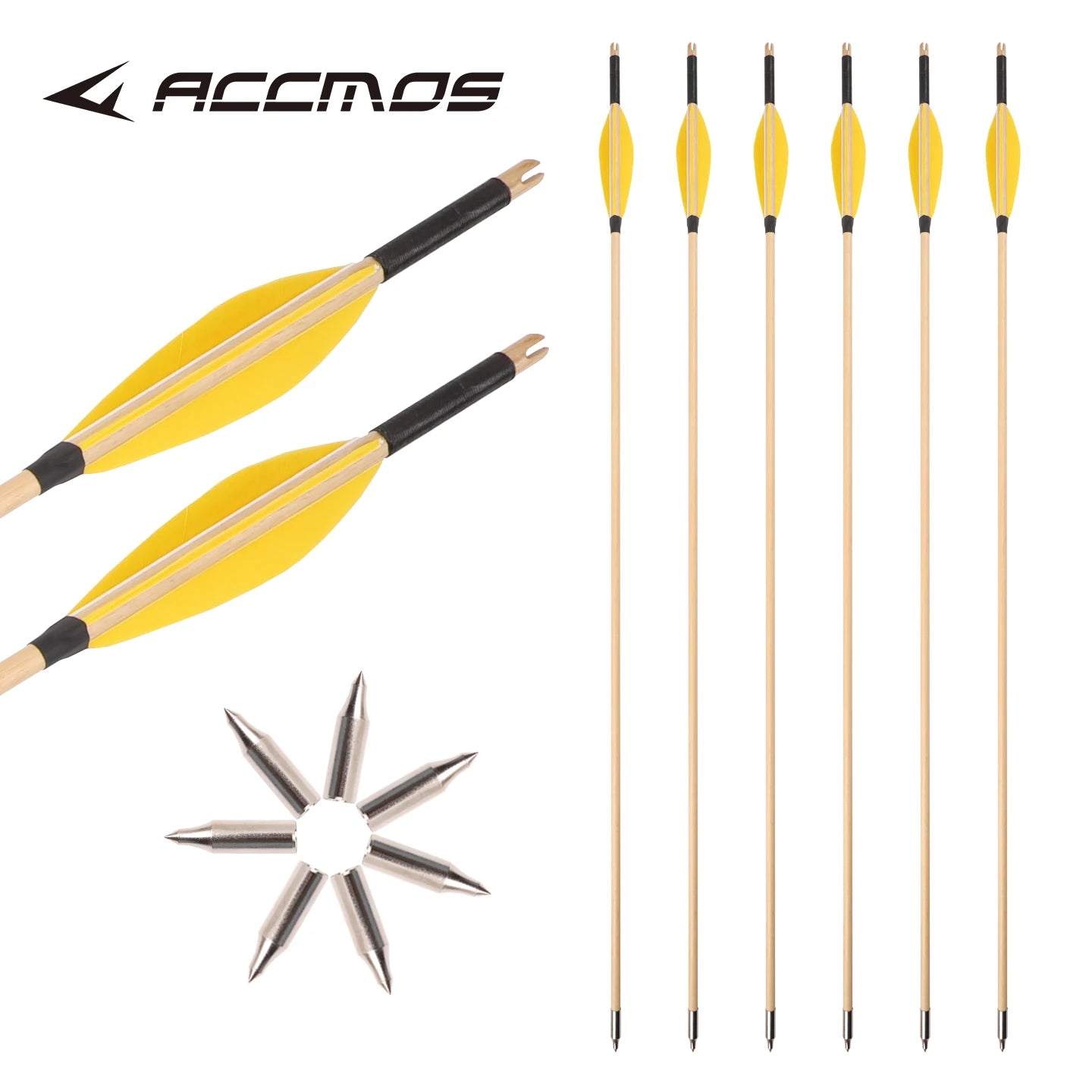 6 12 Wooden Arrows Recurve Bow Yellow Vanes Steel Tips Hunting Target