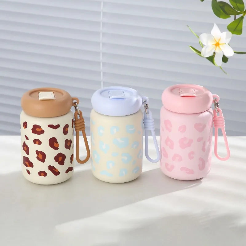 350ml Dopamine Leopard Print Insulated Cup 304 Stainless Steel Mini Straw Portable Car Coffee Cup with Drawstring Water Cup Peaceful Pleasures Health and Wellness
