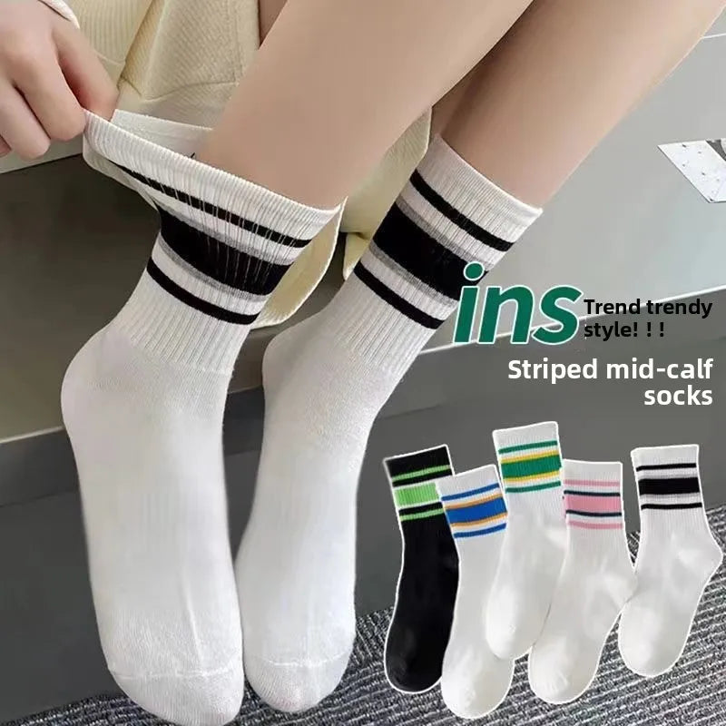 Striped Cotton Crew Socks Korean Streetwear Mid-Calf 10 Pairs