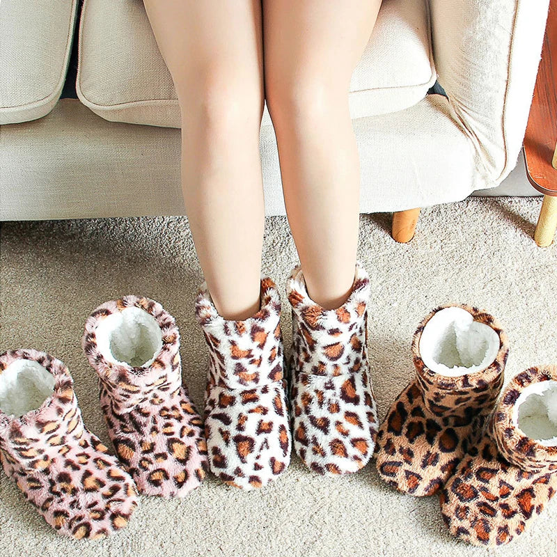 Women's Plush Leopard Slipper Boots | Warm Non-Slip Indoor Shoes