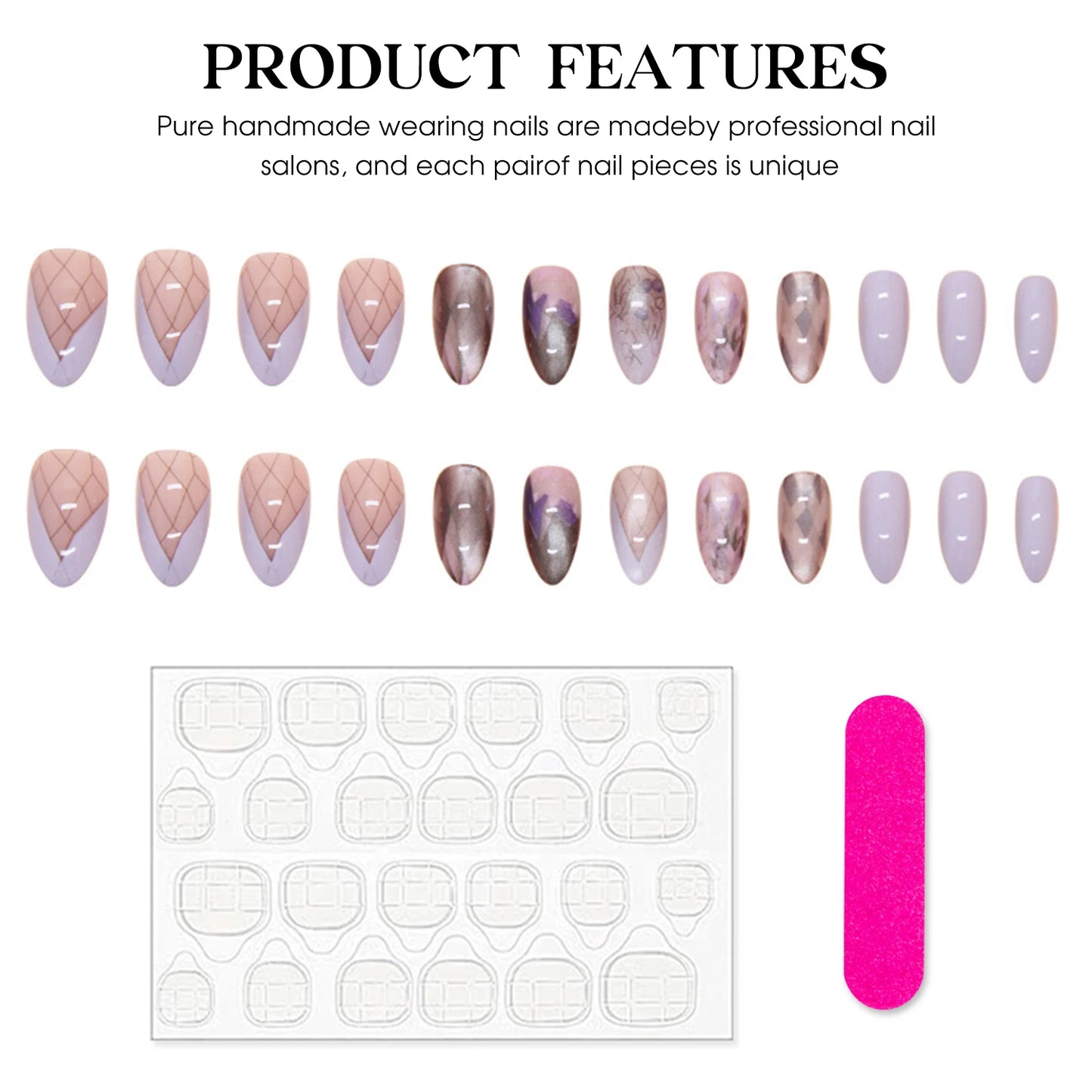 24pcs Purple False Nails with Grid Printed Gradient Purple Fake Nail Tips Full Cover Wearable Ins Franch Almond Press on Nails Peaceful Pleasures Health and Wellness