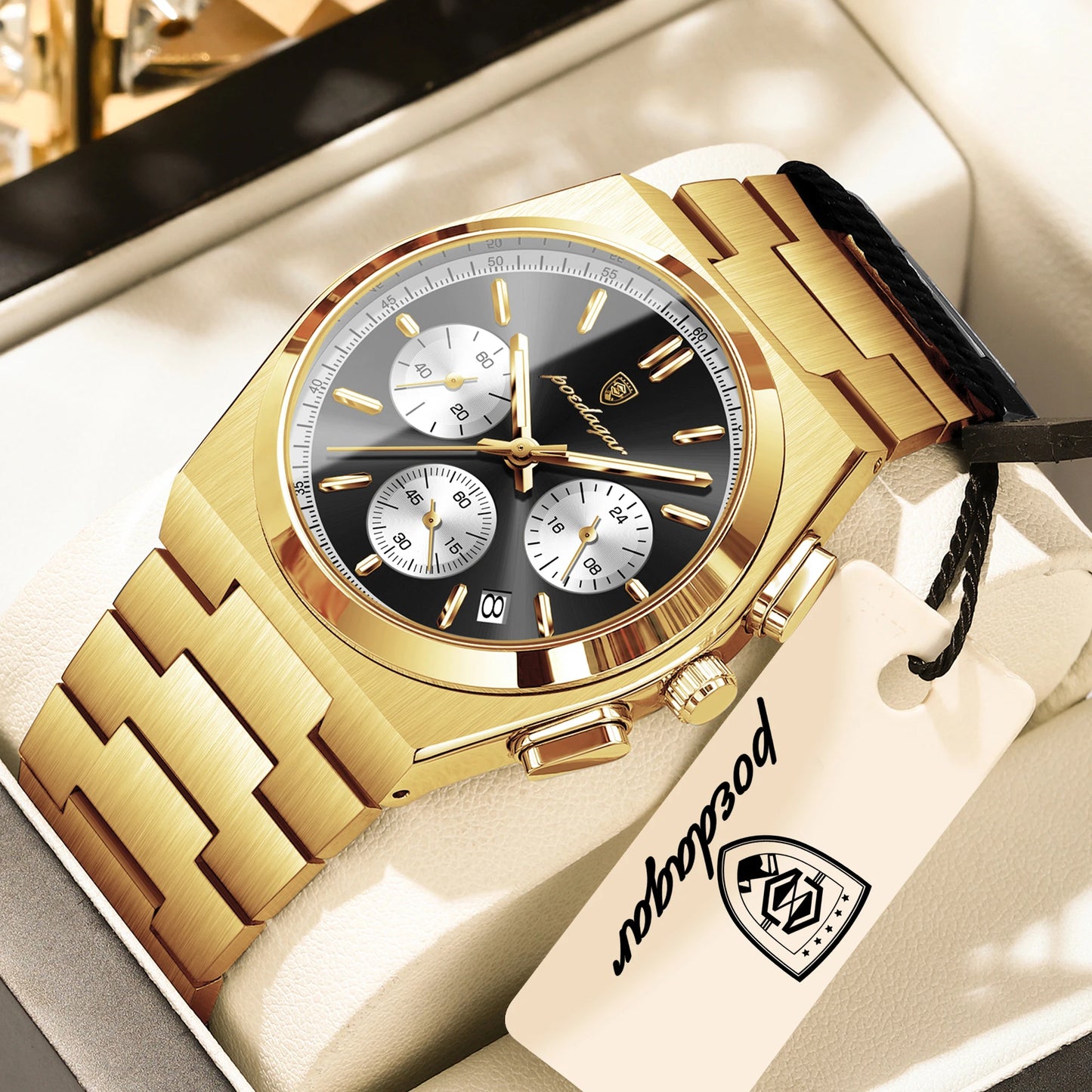 POEDAGAR Top Business Men's Watch Chronograph Date Stainless Steel Classic Man Clock Waterproof Luminous Quartz Watches For Men Peaceful Pleasures Health and Wellness Gold Black White China Mainland