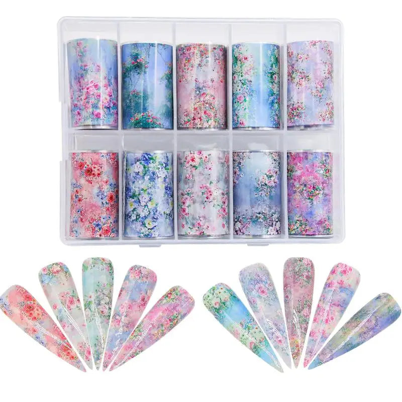 10Rolls Mixed Nail Art Foils Transfer Sticker Set Rose Flower Designs Floral Starry Sky Nail Wraps Wedding Summer Manicure Decor Peaceful Pleasures Health and Wellness