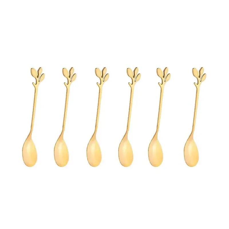 6PCS Creative Personality Stainless Steel Gold Spoons Tree Leaf Spoon Coffee Spoon Tea Spoon Home Restaurant Dessert Cutlery Set Peaceful Pleasures Health and Wellness 6pcs gold