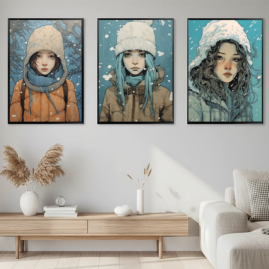 Nordic Winter Portrait Wall Art, Watercolor Girl Canvas Painting, Snowy Season Poster Print for Bedroom Living Room Décor Peaceful Pleasures Health and Wellness