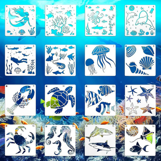 Bview Art Reusable Ocean Theme Stencil Templates Children's Supplies Peaceful Pleasures Health and Wellness 16pcs