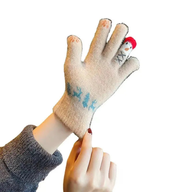 Winter Women Knit Gloves Cute Snowman Touch Screen Thick Warm Windproof Cold Proof Five Fingers Gloves Outdoor Full Finger Mitts Peaceful Pleasures Health and Wellness