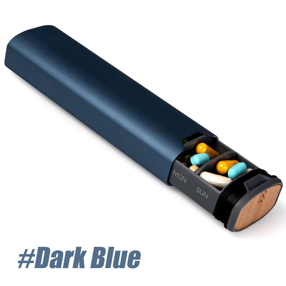 7 Day Weekly Pill Organizer - Premium Stylish Aluminum and Large Capacity Pill Box for Supplements, Pills, Vitamins and Medicine Peaceful Pleasures Health and Wellness Dark Blue