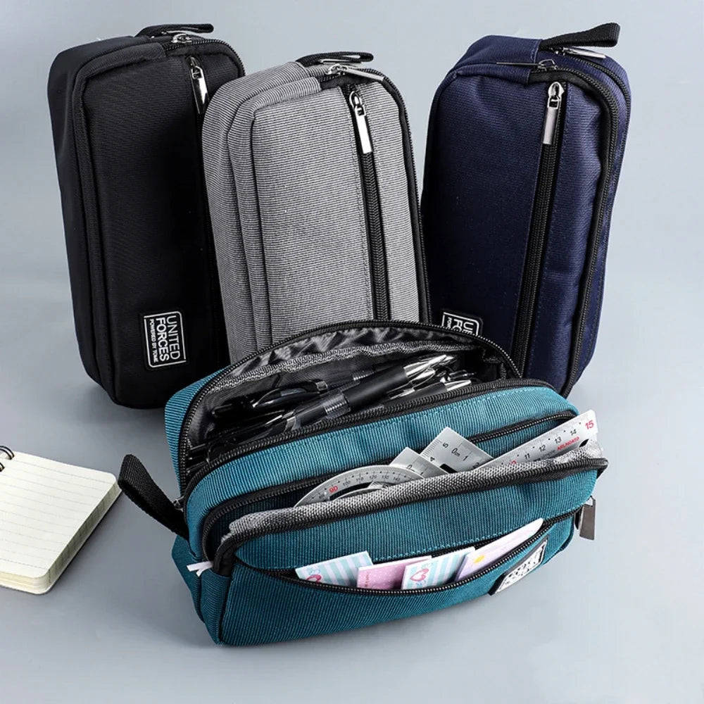 Portable Three-layer Large Capacity Pencil Bag Boy Canvas Pen Case School Office Supplies Storage Bag Waterproof Stationery Bag Peaceful Pleasures Health and Wellness
