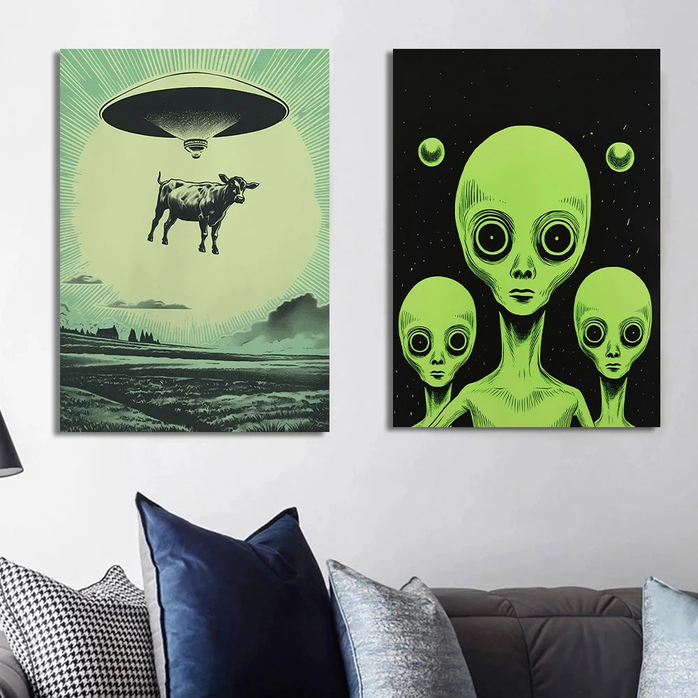UFO Alien Cow Abduction Canvas Print | Retro Sci-Fi Wall Art Canvas Wall Art Print Peaceful Pleasures Health and Wellness