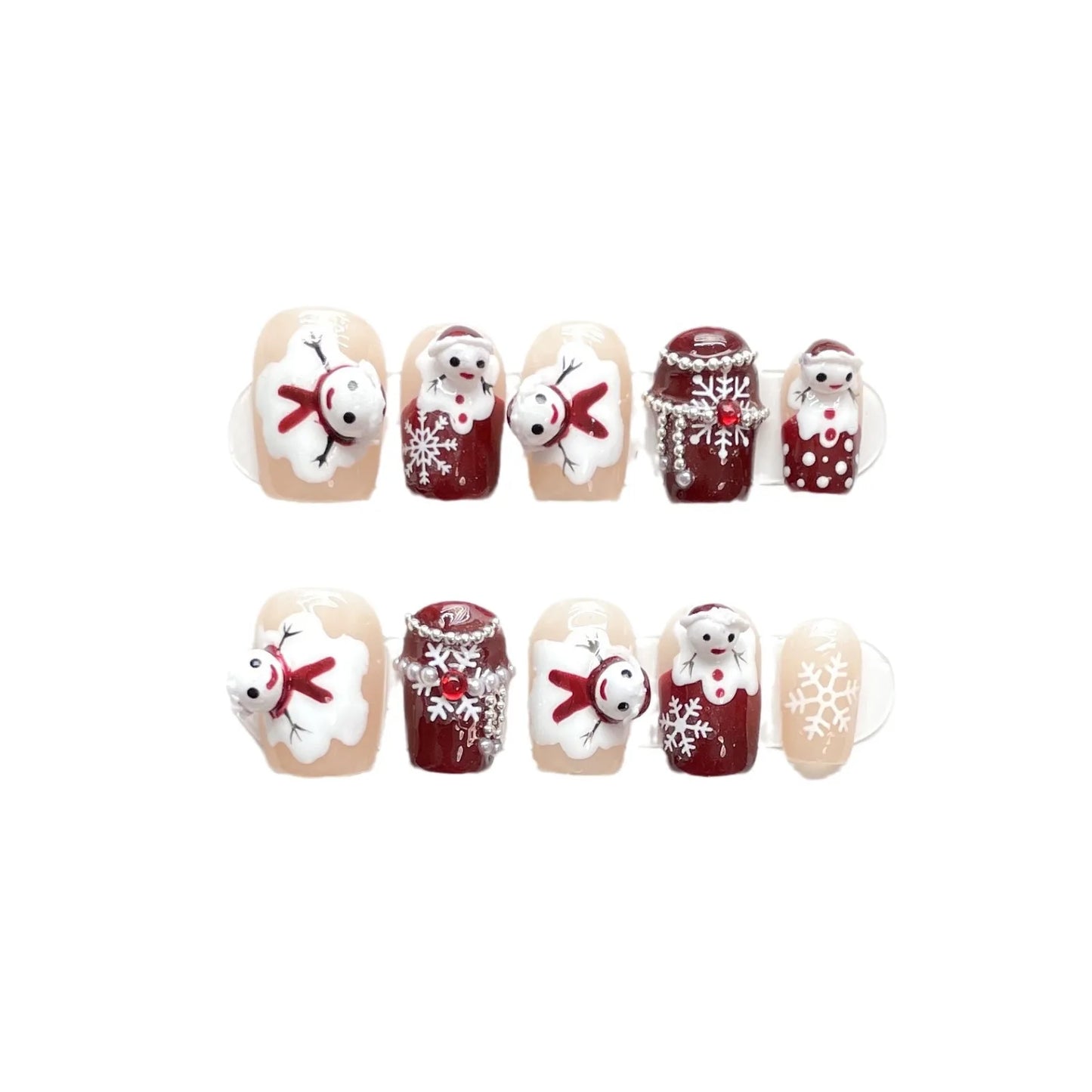 Handmade Press on Nails Cute Snowman Snowflake Chain Wearing Fake Nails Short Round False Nails 2025 New Year Gifts Peaceful Pleasures Health and Wellness