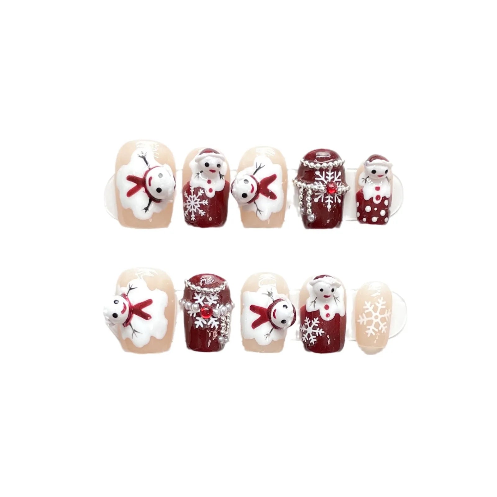 Handmade Press on Nails Cute Snowman Snowflake Chain Wearing Fake Nails Short Round False Nails 2025 New Year Gifts Peaceful Pleasures Health and Wellness