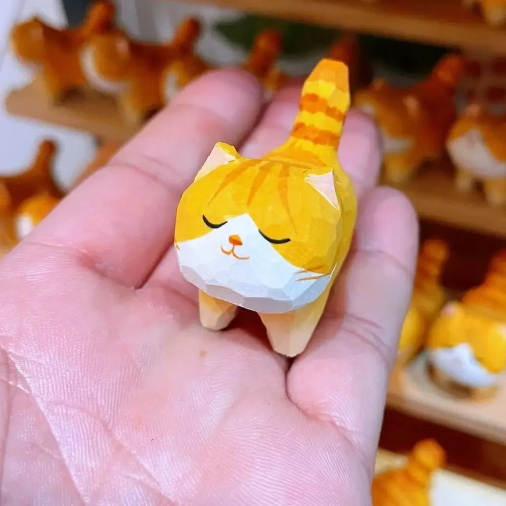 Handmade Wooden Carved Cat Figurine Multi Style Cute Kitten Sculpture Calico Orange Cat Desktop Decor Home Indoor Art Craft Peaceful Pleasures Health and Wellness