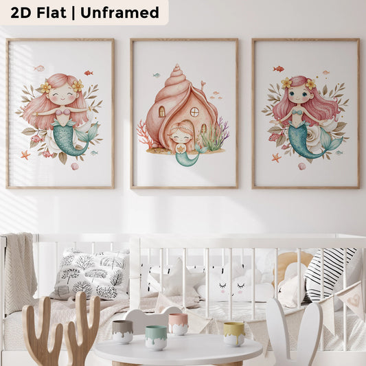3-Piece Pink Mermaid Canvas Wall Art | Kids Room Decor Print Canvas Wall Art Peaceful Pleasures Health and Wellness CH069-3pcs 50x70cm Unframed